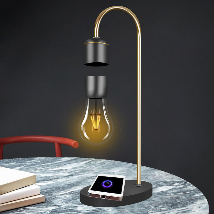 FloatGo Levitating Bulb Lamp with Wireless Charger for Smart Phones Apple Android Magnetic Levitation LED Night Light Gold Floating Desk Toys Love Family Office Gift Home Decor