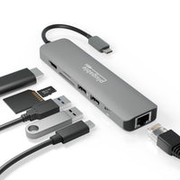 Plugable 7-in-1 USB C Hub Driverless Multiport Adapter with Ethernet, Single 4K60Hz HDMI, 100W Pass-Through Charging, 2X USB 3.0, SD/microSD, for USB-C, USB4, Thunderbolt, Mac, Windows, Chromebook