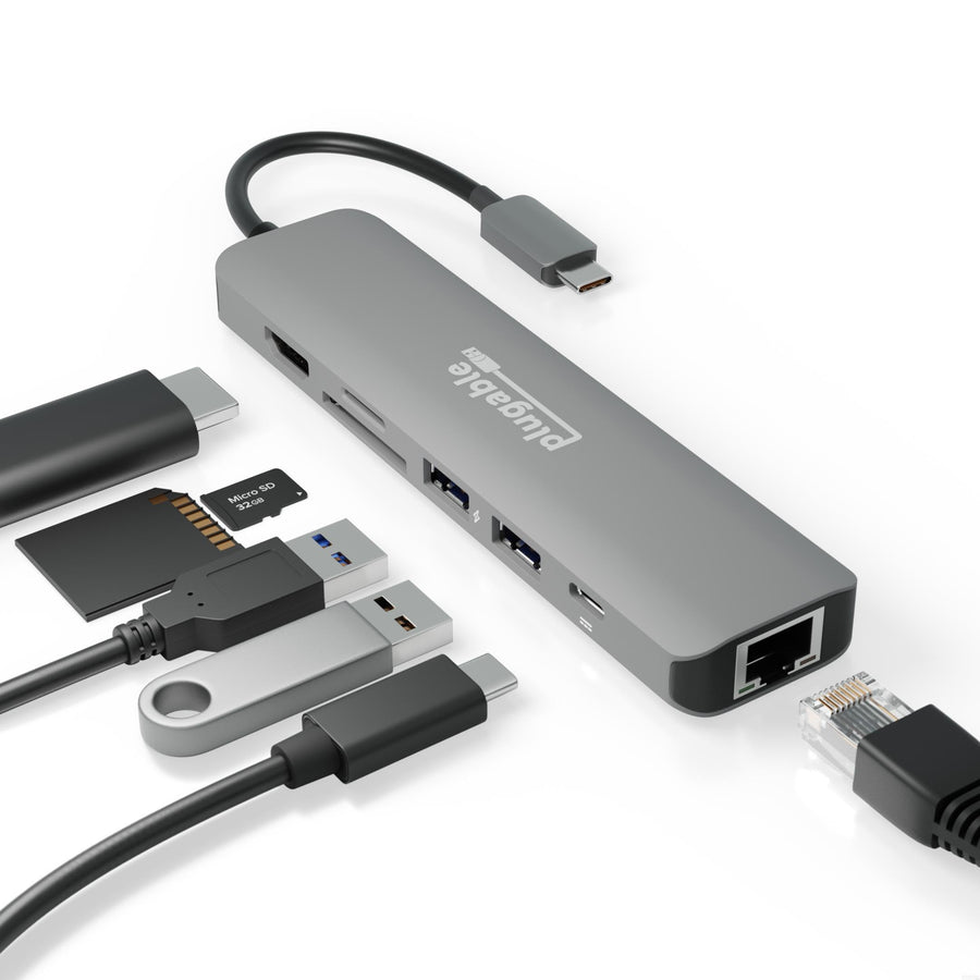 Plugable 7-in-1 USB C Hub Driverless Multiport Adapter with Ethernet, Single 4K60Hz HDMI, 100W Pass-Through Charging, 2X USB 3.0, SD/microSD, for USB-C, USB4, Thunderbolt, Mac, Windows, Chromebook
