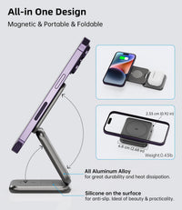 Foldable Magnetic Wireless Charger, KU XIU X40 Aluminum Alloy 3 in 1 Charging Station for Apple, Fast Magnetic Charger Stand for iPhone 17 16 15 14 13 12 Series, 5W for iWatch, AirPods 3/2/Pro, Gray