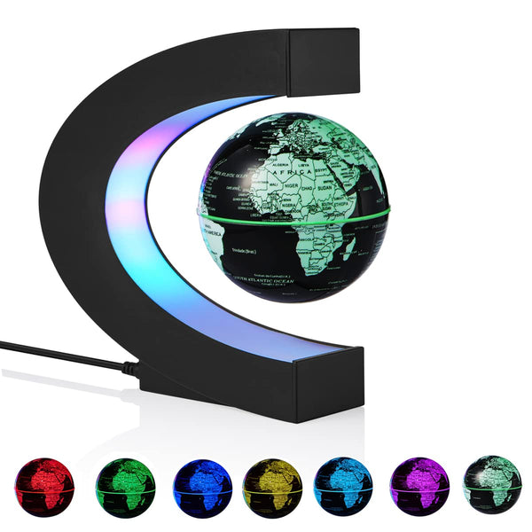 Levitating Globe, Magnetic Floating Globes with Multi-colors Changing LED light, 360 Degree Rotating C Shape Magnetic Levitation World Map Globe Lamp for Room Decor