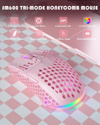 SOLAKAKA SM600 Pink Wireless Gaming Mouse with Honeycomb Shell, Side Buttons,Tri-Modes(BT5.1+BT5.1+2.4GHz) Lightweight RGB Wireless Mouse for PC/Tablet/Desktop/Office/Games