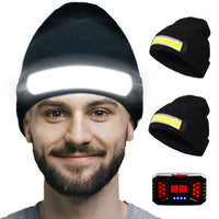 Easymaxx 2Pack Rechargeable Headlamp Beanie, 1200Lumens LED Beanie Hat with Wide Beam Light Built-in, 6 Modes, Winter Headlight Head Lamp Beanie, Gifts for Men Dad Father Husband(Black+Black)