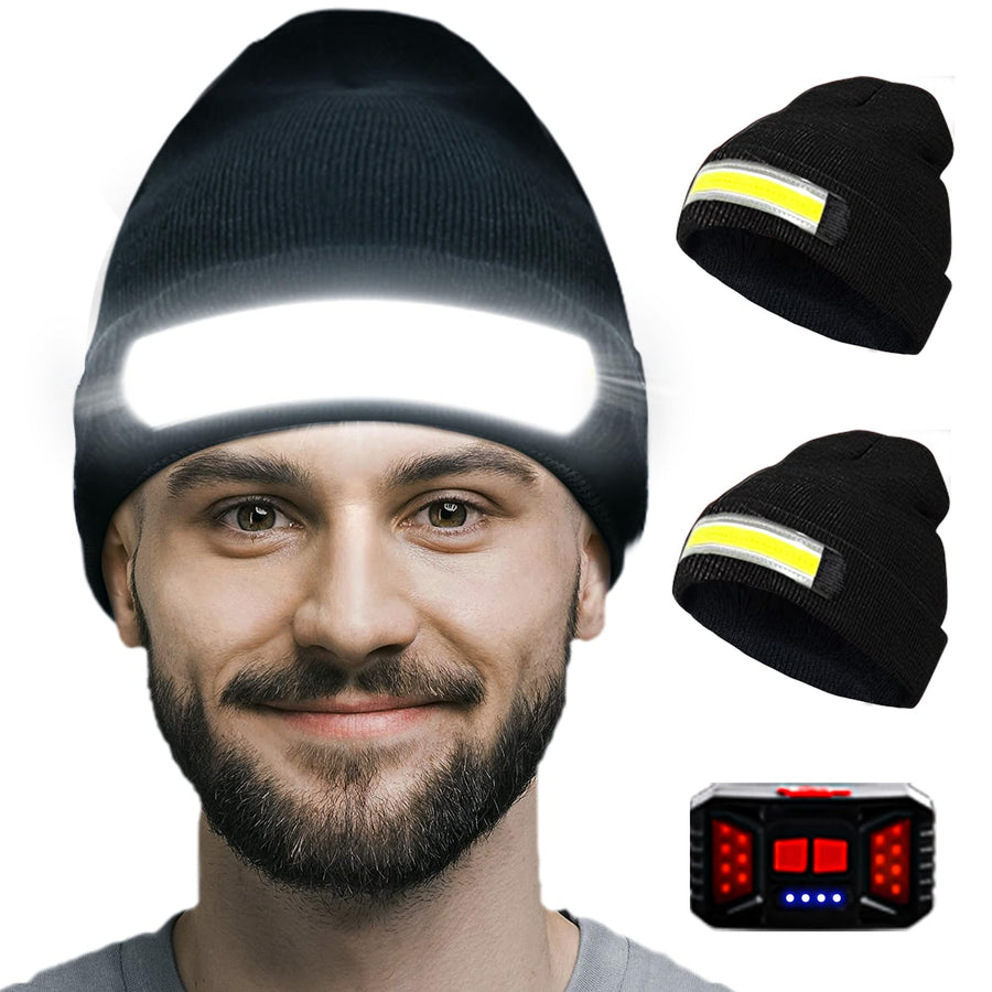 Easymaxx 2Pack Rechargeable Headlamp Beanie, 1200Lumens LED Beanie Hat with Wide Beam Light Built-in, 6 Modes, Winter Headlight Head Lamp Beanie, Gifts for Men Dad Father Husband(Black+Black)