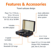 Amazon Basics Portable Suitcase Vinyl Turntable Record Player with Built-in Stereo Speakers, Belt Drive, 3-Speed, Bluetooth Playback, Black