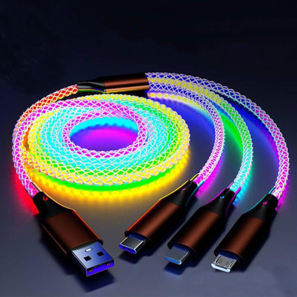 66W 3 in 1 LED Light Up Charging Cable, RGB Flowing Glowing Fast Charging Cord with Lightning/Type C/Micro USB for iPhone, Samsung Galaxy, Huawei, Android, Sony Xperia Smartphones (4FT)