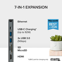 Plugable 7-in-1 USB C Hub Driverless Multiport Adapter with Ethernet, Single 4K60Hz HDMI, 100W Pass-Through Charging, 2X USB 3.0, SD/microSD, for USB-C, USB4, Thunderbolt, Mac, Windows, Chromebook