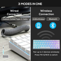 RK ROYAL KLUDGE RK61 60% Mechanical Keyboard with Coiled Cable, 2.4Ghz/Bluetooth/Wired, Bluetooth 61 Keys, Wireless RGB Hot Swappable Brown Switch Gaming Mini Keyboard with Software - White