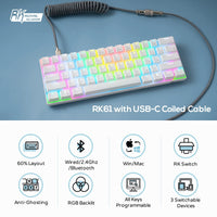 RK ROYAL KLUDGE RK61 60% Mechanical Keyboard with Coiled Cable, 2.4Ghz/Bluetooth/Wired, Bluetooth 61 Keys, Wireless RGB Hot Swappable Brown Switch Gaming Mini Keyboard with Software - White