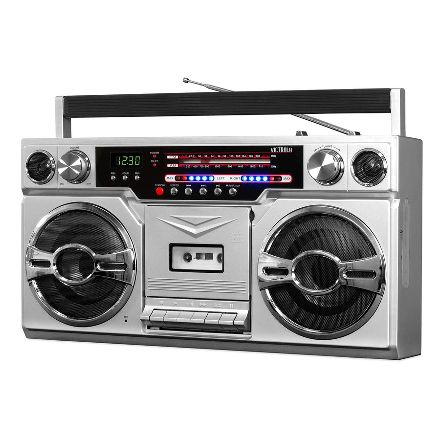 Victrola 1980s Retro Bluetooth Boombox with Cassette Player and AM/FM Radio, Wired and Wireless Streaming, Classic 80s Style with Modern Technology, Silver