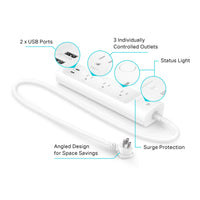 kasa smart Plug Power Strip KP303, Surge Protector with 3 Individually Controlled Smart Outlets and 2 USB Ports, Works with Alexa & Google Home, No Hub Required , White