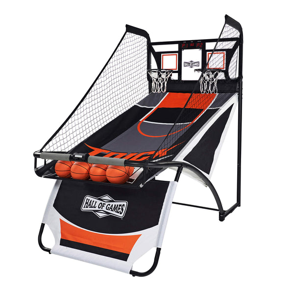 Hall of Games EZ Fold Premium Indoor Arcade Basketball Game with Steel Frame and Polycarbonate Backboard, Dual Shot Electronic Scoring with 6 Size 3 Balls Included, Perfect for Basement Game Rooms