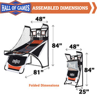 Hall of Games EZ Fold Premium Indoor Arcade Basketball Game with Steel Frame and Polycarbonate Backboard, Dual Shot Electronic Scoring with 6 Size 3 Balls Included, Perfect for Basement Game Rooms