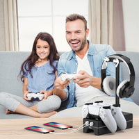 PS5 Controller Charger with USB Charging Port and AC Outlet, RGB DualSense Charging Station Dock for Playstation 5 Controllers with Headphone Stand, PS5 Accessories