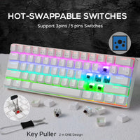 RK ROYAL KLUDGE RK61 60% Mechanical Keyboard with Coiled Cable, 2.4Ghz/Bluetooth/Wired, Bluetooth 61 Keys, Wireless RGB Hot Swappable Brown Switch Gaming Mini Keyboard with Software - White