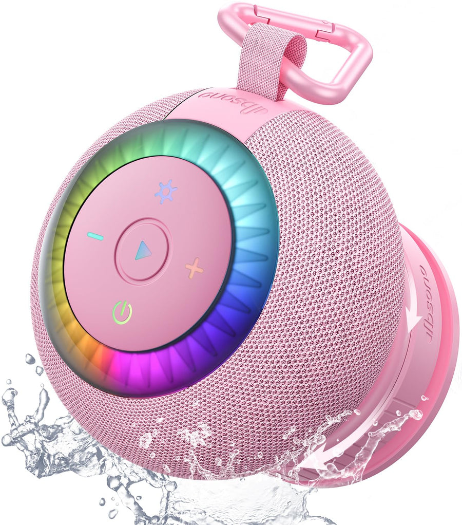 Bluetooth Shower Speaker Waterproof IPX7: Removable Vacuum-Lock Suction Cup, 360° Surround Sound, RGB Lights, Portable Wireless Speaker for Beach, Pool, Kayak, Travel, Gift for Adults & Teens-Pink