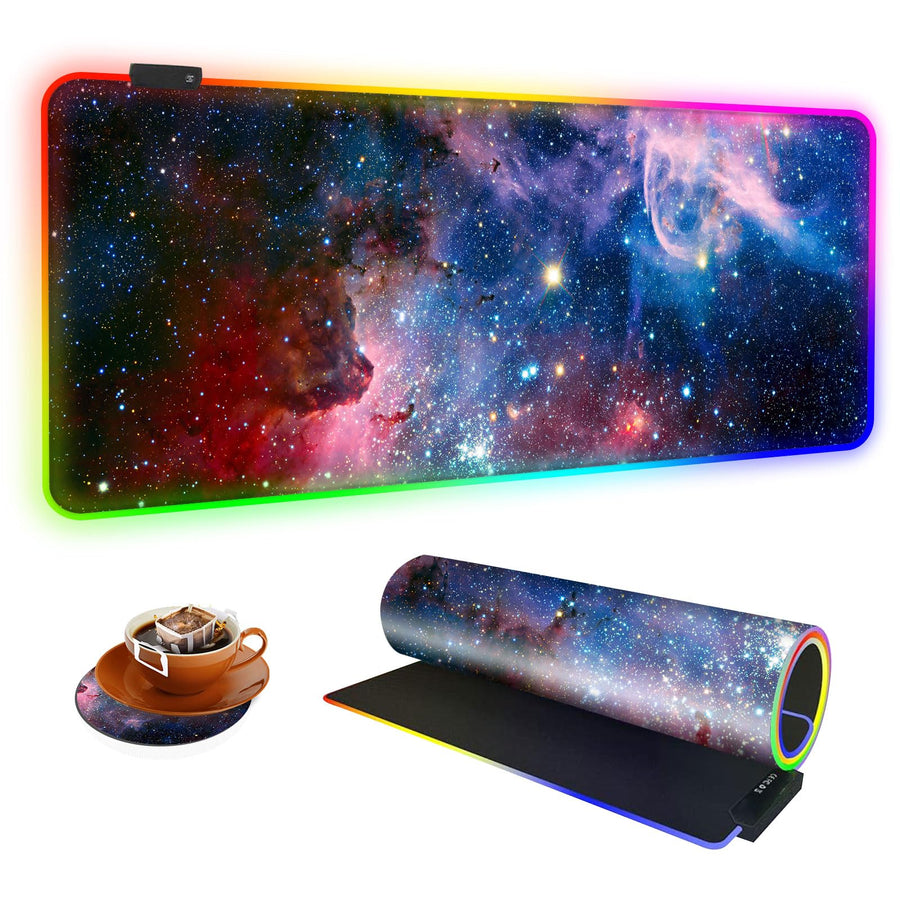 Large RGB Gaming Mouse Pad,Galaxy Nebula Space Oversized Glowing Led Extended Mousepad,10 Lighting Modes,Non-Slip Rubber Base Computer Keyboard Mousepads Mat,31.5 x 11.8 inch