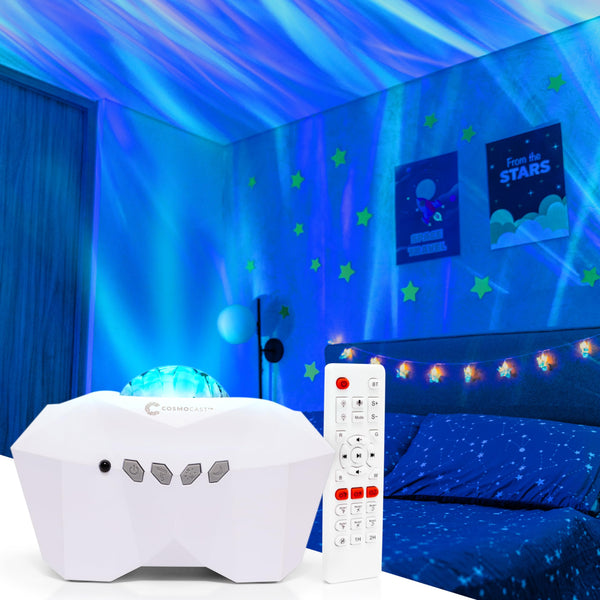 Aurora Borealis Light Projector - Northern Lights Lamp - Galaxy Star Night Light for Bedroom - Room Decor for Teens, Gifts for Gamers, Birthdays - Nebula LED Mood Lighting w/Moon, Bluetooth - White