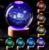 Conalisk 3D Solar System Crystal Ball Lamp,3.15 Inch K9 Crystal Ball Night Light with Wooden Base,16 Colors Changing with Remote Control,3D Planet Laser Engraving Holographic Light (Solar System)