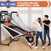Hall of Games EZ Fold Premium Indoor Arcade Basketball Game with Steel Frame and Polycarbonate Backboard, Dual Shot Electronic Scoring with 6 Size 3 Balls Included, Perfect for Basement Game Rooms