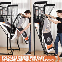 Hall of Games EZ Fold Premium Indoor Arcade Basketball Game with Steel Frame and Polycarbonate Backboard, Dual Shot Electronic Scoring with 6 Size 3 Balls Included, Perfect for Basement Game Rooms