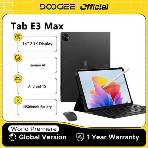 Global Version DOOGEE Tab E3 Max Tablet PC Android 15 Gemini AI 14'' 2.1K Screen 8GB RAM 256GB 13500mAh Large Battery Smart Pad