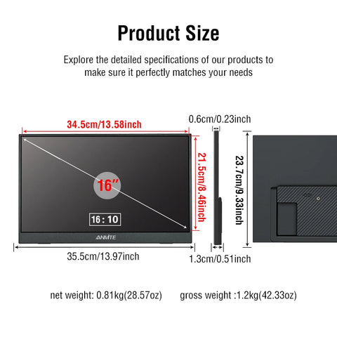 Anmite 16-Inch Portable Touch Monitor 1200P HDR 16:10 Low Blue Light For XBox PS4 / 5 Switch Cell Phone PC Loptop Extension