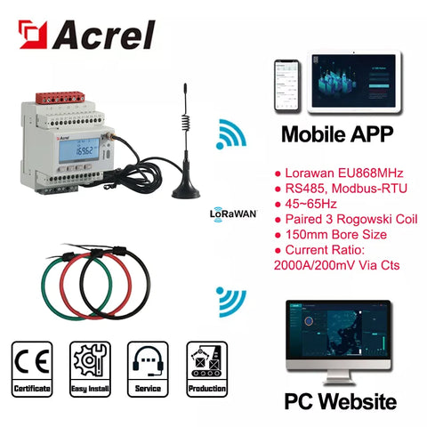 Acrel ADW300 IoT 1 PCS 4G/WIFI/Lorawan Wireless 3 Phase Smart Energy Meter and 3 PCS 1000A/2000A Rogowski Coil 9/15CM Aperture