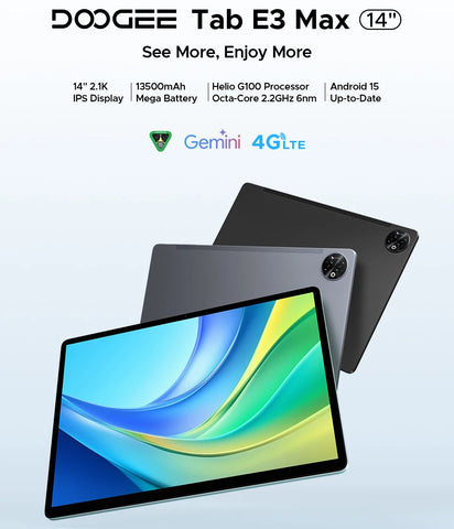 Global Version DOOGEE Tab E3 Max Tablet PC Android 15 Gemini AI 14'' 2.1K Screen 8GB RAM 256GB 13500mAh Large Battery Smart Pad