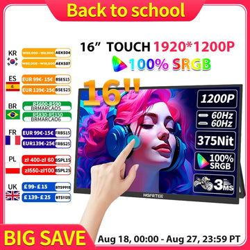 HGFRTEE 16inch Touch Portable Monitor 16:10 96%sRGB 350Cd/m² Second Screen For Laptop With Holder Stand Type-C HDMI-Compatible