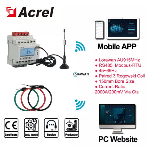 Acrel ADW300 IoT 1 PCS 4G/WIFI/Lorawan Wireless 3 Phase Smart Energy Meter and 3 PCS 1000A/2000A Rogowski Coil 9/15CM Aperture