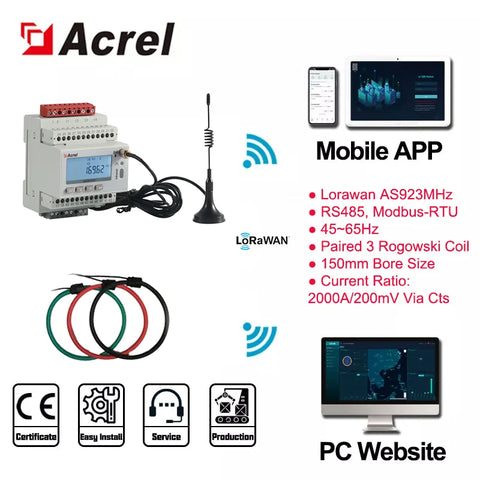 Acrel ADW300 IoT 1 PCS 4G/WIFI/Lorawan Wireless 3 Phase Smart Energy Meter and 3 PCS 1000A/2000A Rogowski Coil 9/15CM Aperture
