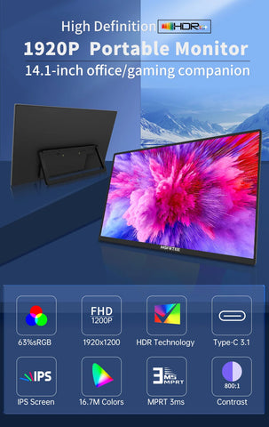 14.1 Inch Portable Monitor 1080P IPS 100%SRGB Gaming Portable Screen with Stand for Laptop PS5/4 Switch Xbox Raspberry Pi