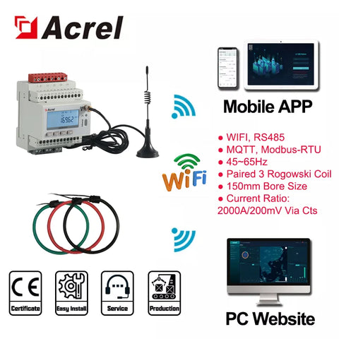 Acrel ADW300 IoT 1 PCS 4G/WIFI/Lorawan Wireless 3 Phase Smart Energy Meter and 3 PCS 1000A/2000A Rogowski Coil 9/15CM Aperture