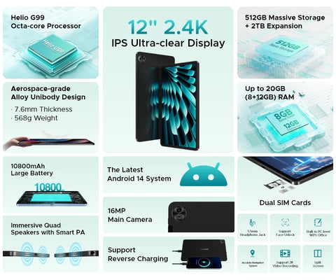 DOOGEE T40 Pro Tablet 12  20GB(8 + 12) 512GB Android 14 Helio G99 6nm 10800mAh 18W Charge Quad Speaker 7.6mm ultra-thin