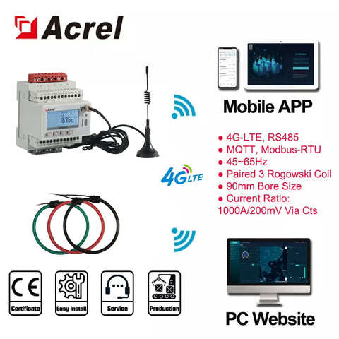 Acrel ADW300 IoT 1 PCS 4G/WIFI/Lorawan Wireless 3 Phase Smart Energy Meter and 3 PCS 1000A/2000A Rogowski Coil 9/15CM Aperture