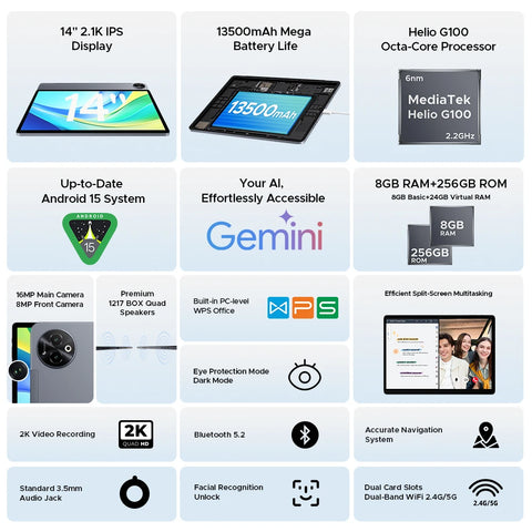 Global Version DOOGEE Tab E3 Max Tablet PC Android 15 Gemini AI 14'' 2.1K Screen 8GB RAM 256GB 13500mAh Large Battery Smart Pad