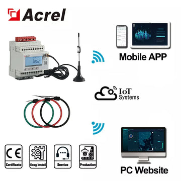 Acrel ADW300 IoT 1 PCS 4G/WIFI/Lorawan Wireless 3 Phase Smart Energy Meter and 3 PCS 1000A/2000A Rogowski Coil 9/15CM Aperture