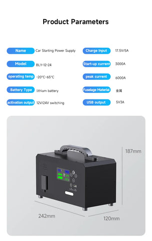 12V 24V Portable Lithium Jump Starter 6000A,Car Battery Booster,USB-C Powerbank Charger,For up to 20L Gas and 16L Diesel Engines