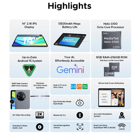 Global Version DOOGEE Tab E3 Max Tablet PC Android 15 Gemini AI 14'' 2.1K Screen 8GB RAM 256GB 13500mAh Large Battery Smart Pad