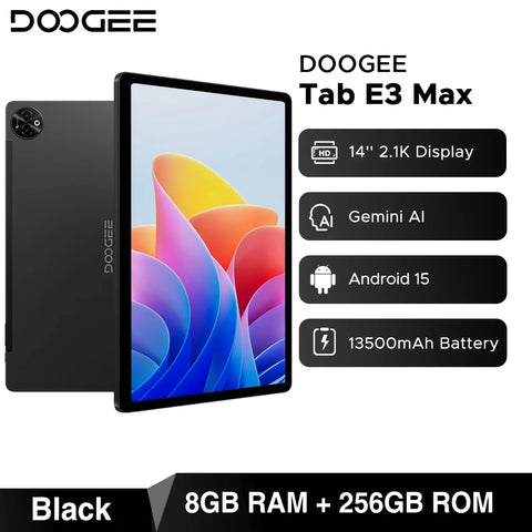 Global Version DOOGEE Tab E3 Max Tablet PC Android 15 Gemini AI 14'' 2.1K Screen 8GB RAM 256GB 13500mAh Large Battery Smart Pad
